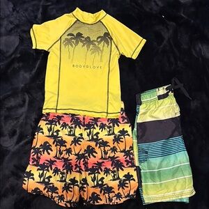 Body Glove Kids Yellow Rash Guard and Swim Shorts Set with Extra Trunks
